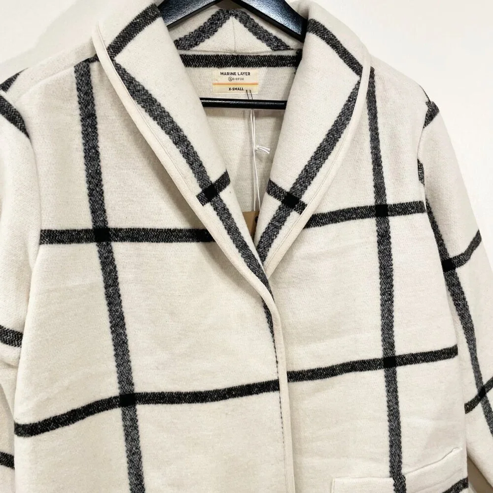 New Marine Layer Liverpool Windowpane Coatigan Ivory Black XS $168